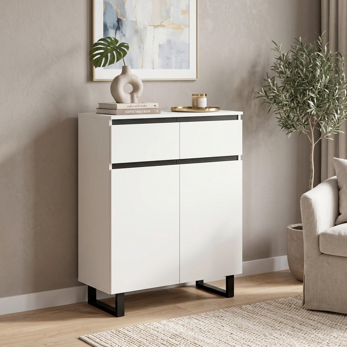 Comodă 80/99/36 cm  - alb/negru, Design, metal/material pe bază de lemn (80/99/36cm) - Livetastic