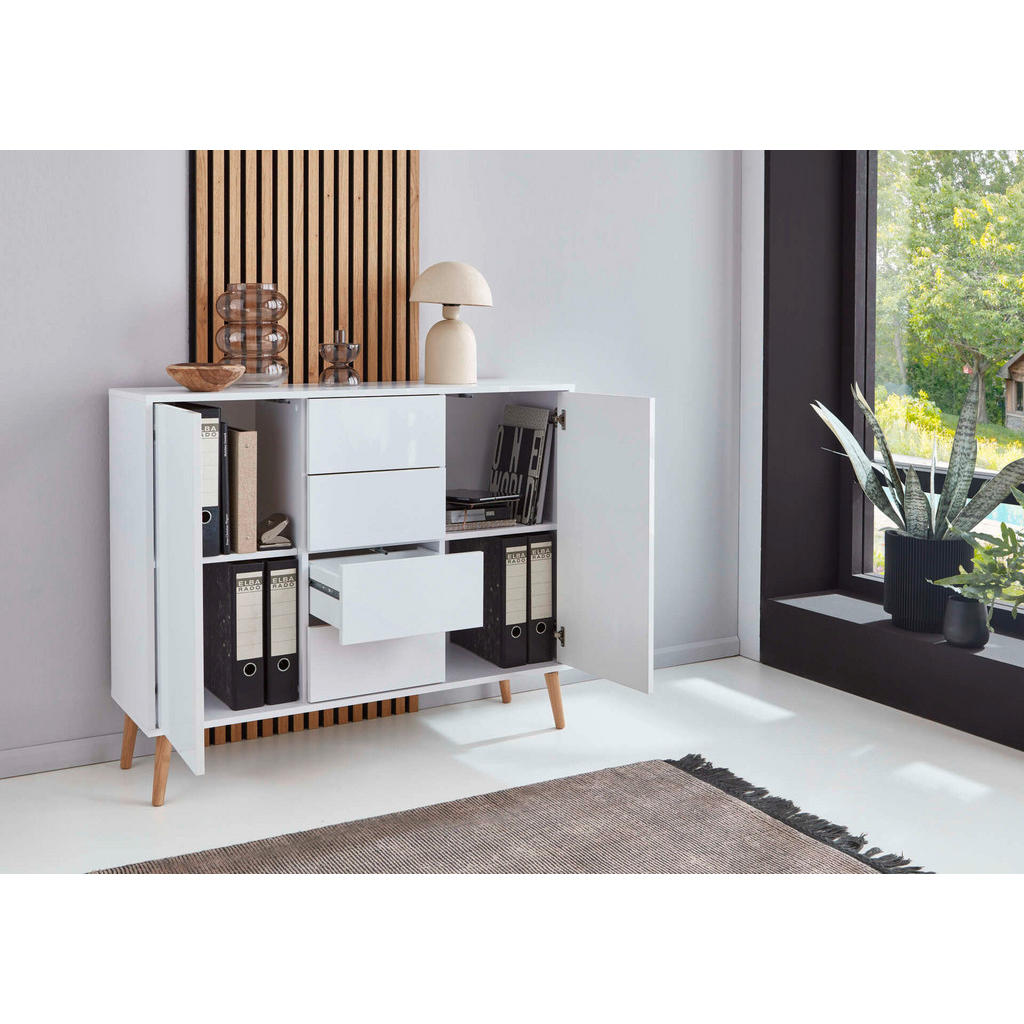 Thumbnail - Mid.you Sideboard Mailand Set 15 + HF, Weiß, Weiß Hochglanz, Eiche Artisan, Holzwerkstoff, 5 Fächer, 4 Schubladen, 185x8...
