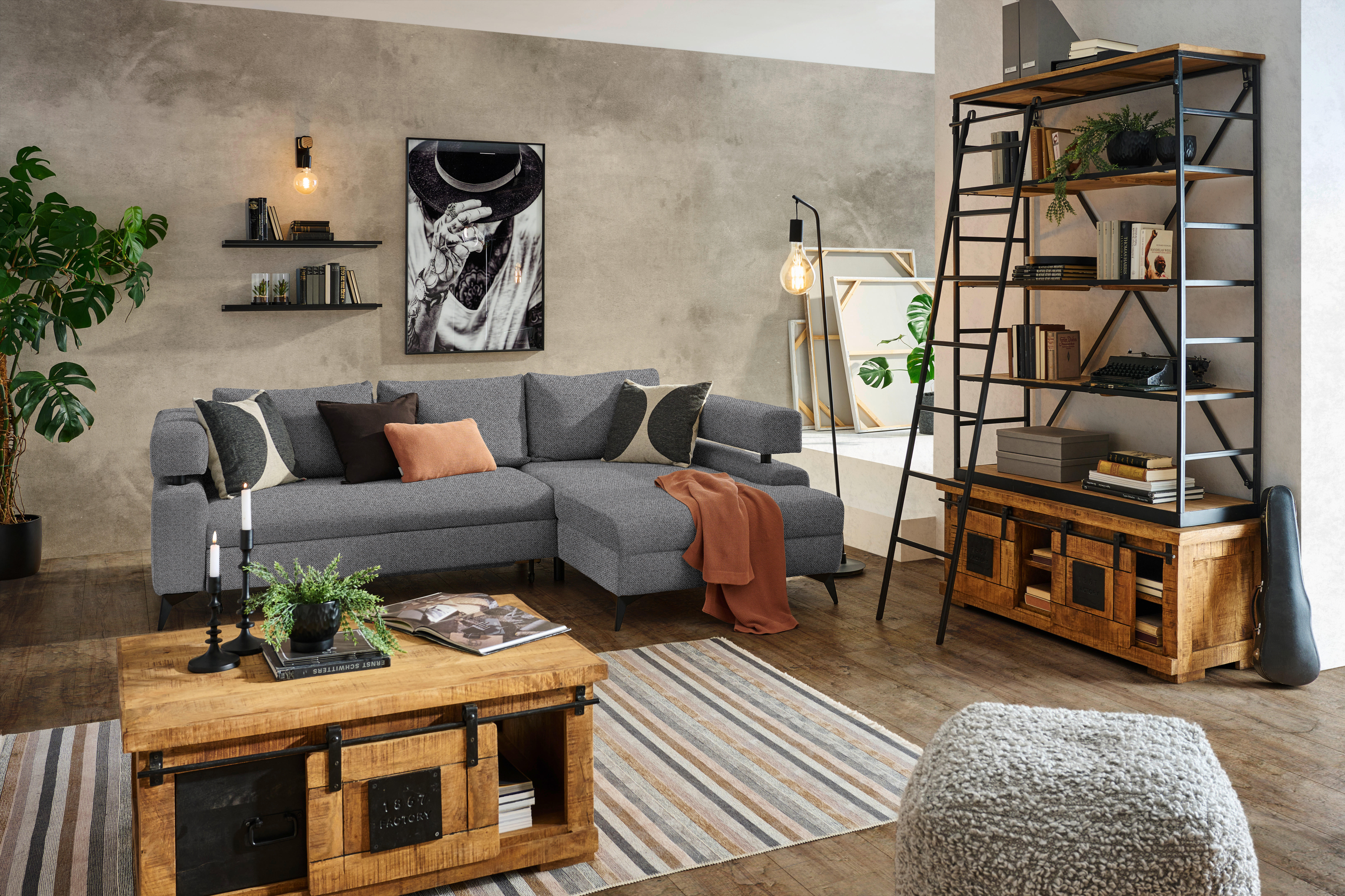 ECKSOFA in Chenille Dunkelgrau  - Dunkelgrau/Schwarz, Konventionell, Textil/Metall (265/184cm) - Hom`in