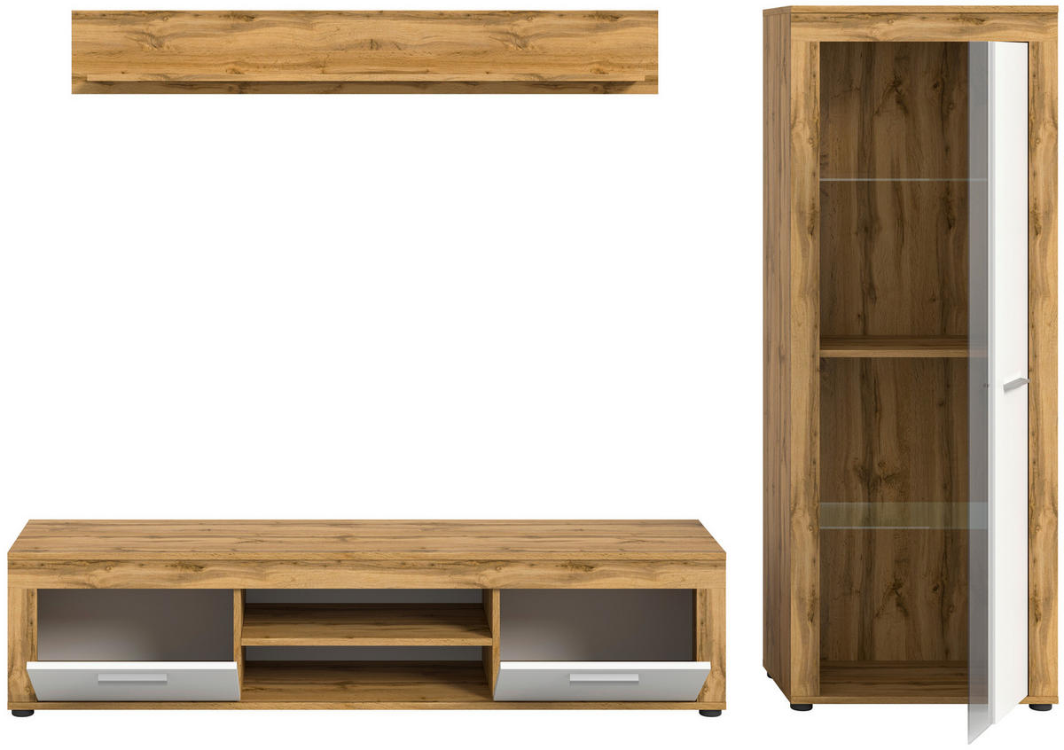 HYLLKOMBINATION 3 delar  i ek Wotan, vit  235/159/35 cm  - vit/ek Wotan, Design, trämaterial/glas (235/159/35cm) - MID.YOU