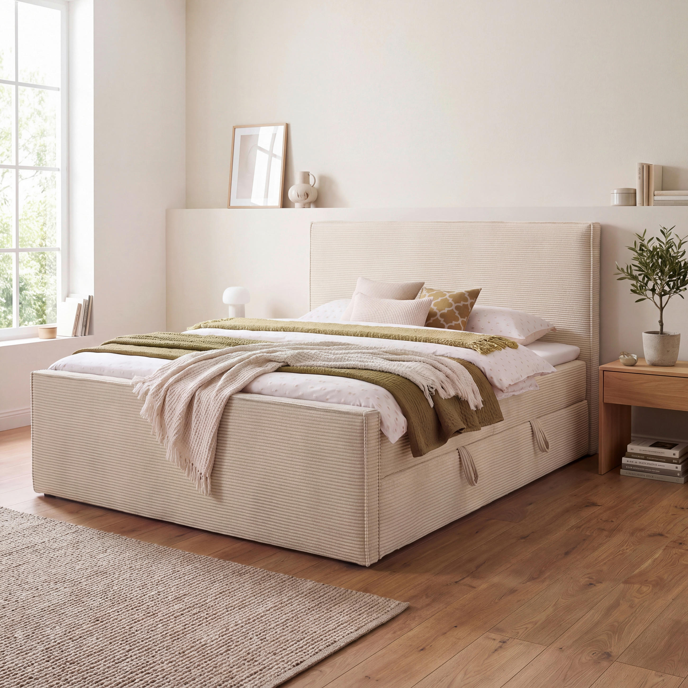BOXBETT 180/200 cm,  in Beige, gepolstertes Kopfteil, Bettkasten, Topper, Matratzen, H3 + H3 = fest  - Beige/Schwarz, Basics, Kunststoff/Textil (180/200cm) - Chameo