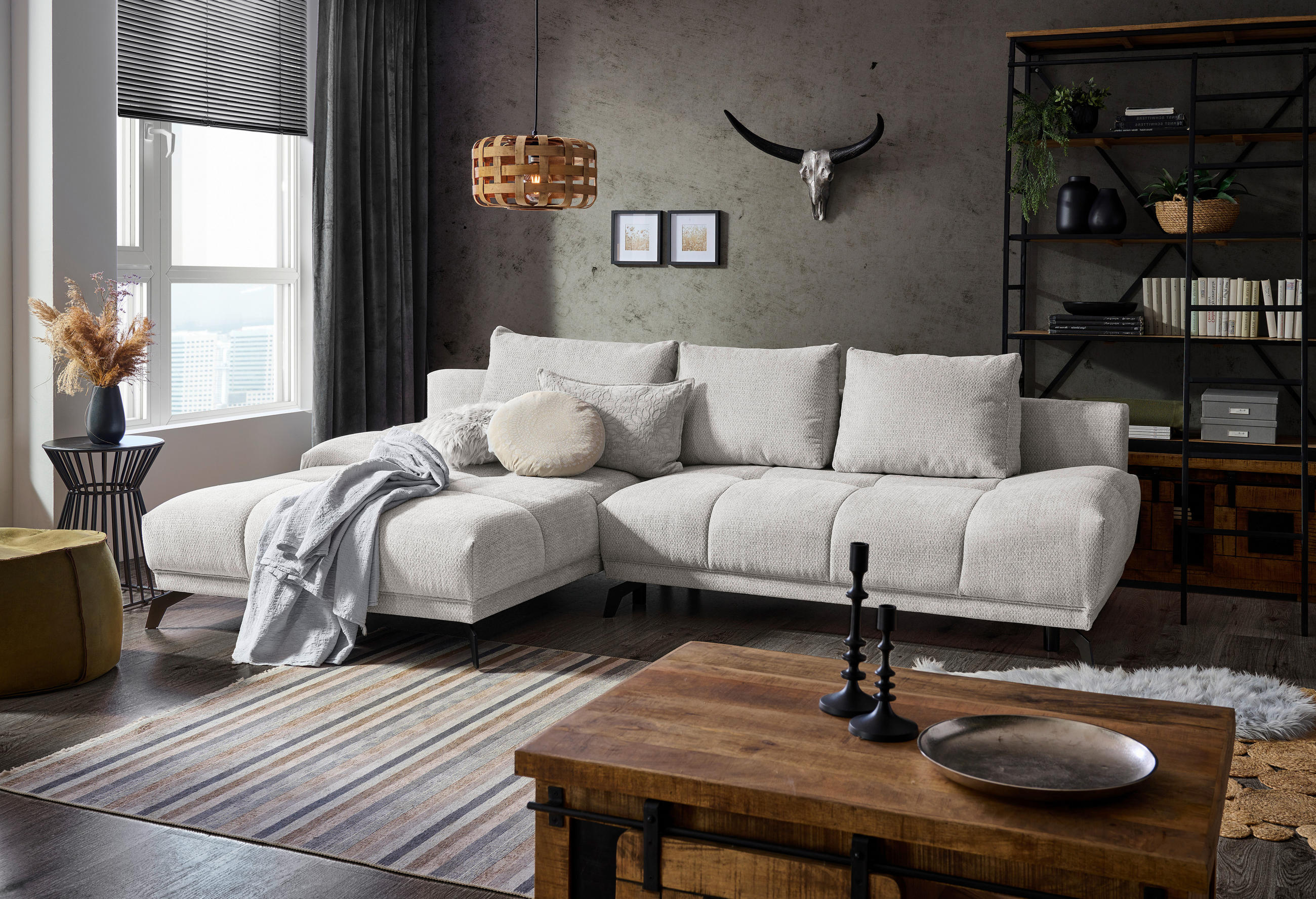 ECKSOFA in Chenille Hellgrau  - Hellgrau/Schwarz, Modern, Textil/Metall (182/290cm) - Hom`in