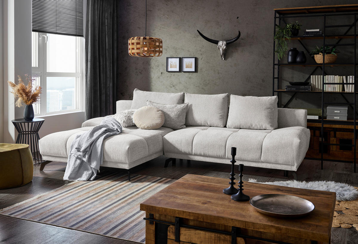 ECKSOFA Hellgrau Chenille  - Hellgrau/Schwarz, MODERN, Textil/Metall (182/290cm) - Hom`in