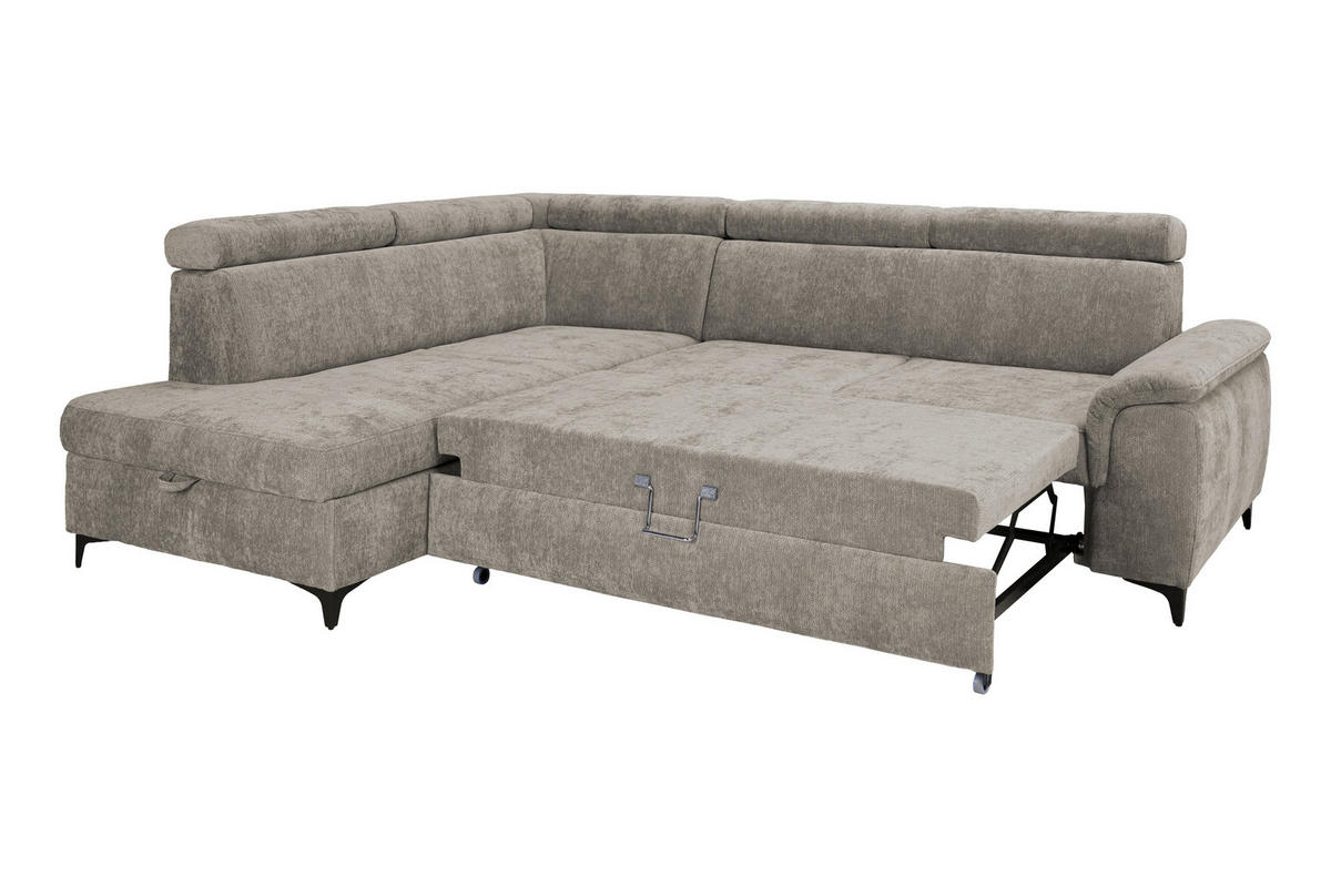 ECKSOFA Taupe Chenille Bettkasten, Schlaffunktion, Rücken echt, Kopfteilverstellung, Liegefläche im Originalstoff  - Taupe/Schwarz, KONVENTIONELL, Textil/Metall (206/265cm) - Carryhome