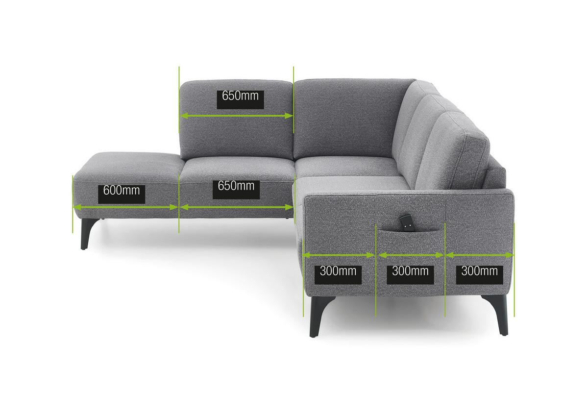 ECKSOFA Grau Flachgewebe  - Schwarz/Grau, KONVENTIONELL, Textil/Metall (218/255cm) - Elegando