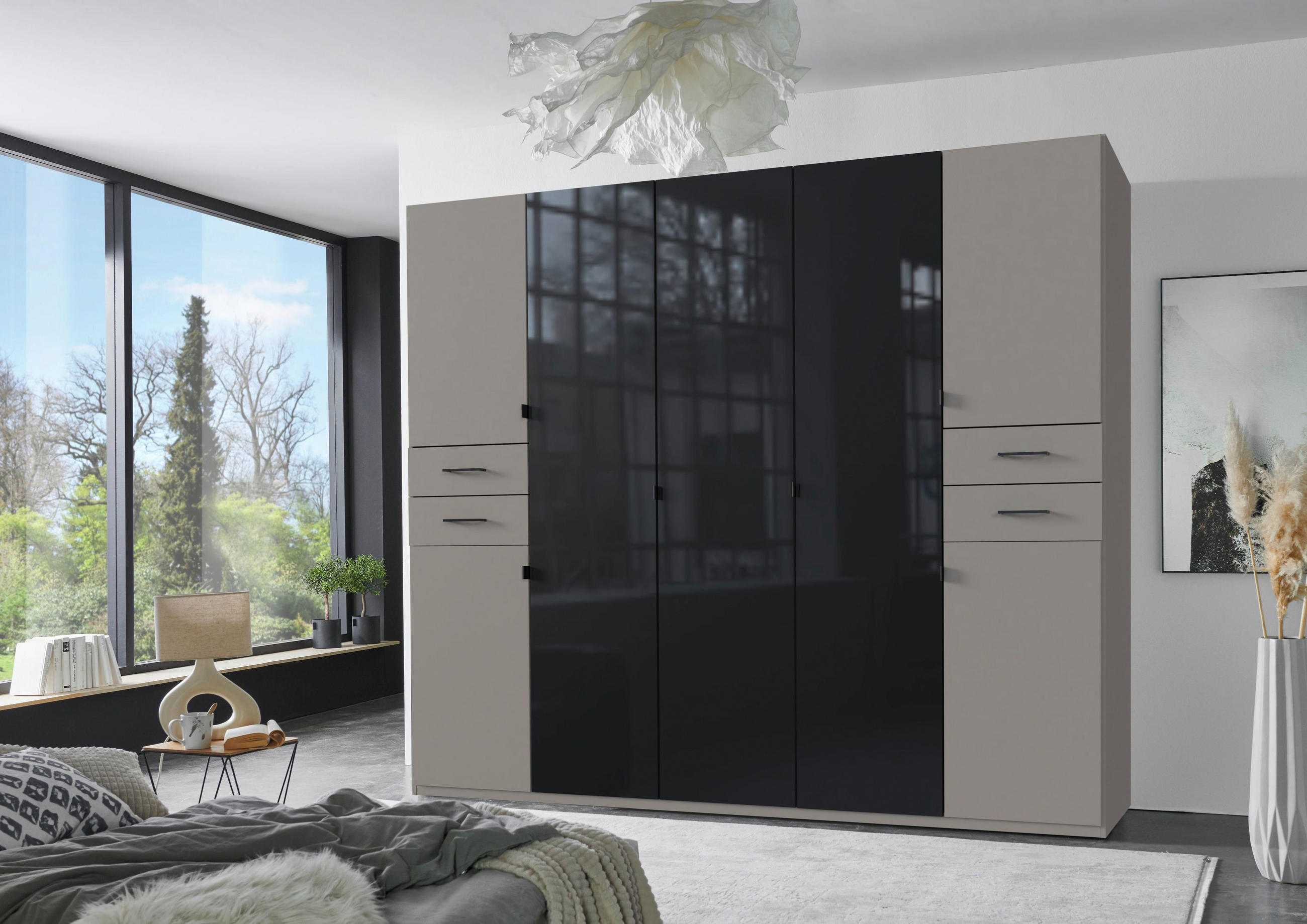 KLEIDERSCHRANK 225/208/58 cm 7-türig Grau, Schwarz  - Schwarz/Grau, KONVENTIONELL, Glas/Holzwerkstoff (225/208/58cm) - Boxxx