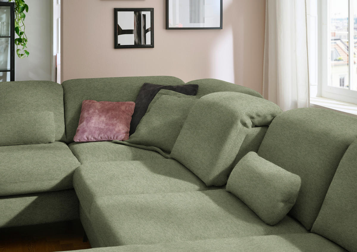 WOHNLANDSCHAFT Chenille Olivgrün  - Schwarz/Olivgrün, Design, Textil/Metall (255/369/198cm) - Beldomo Style