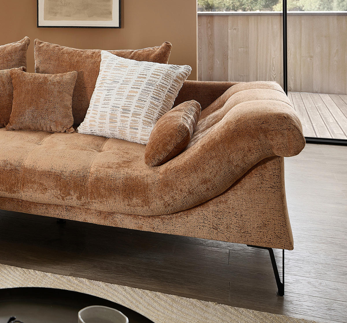 ECKSOFA GARDA in Chenille Koralle Zierkissen, Rückenkissen, Nierenkissen, Rücken echt  192/310 cm  - Koralle/Schwarz, KONVENTIONELL, Textil/Metall (192/310cm) - Livetastic