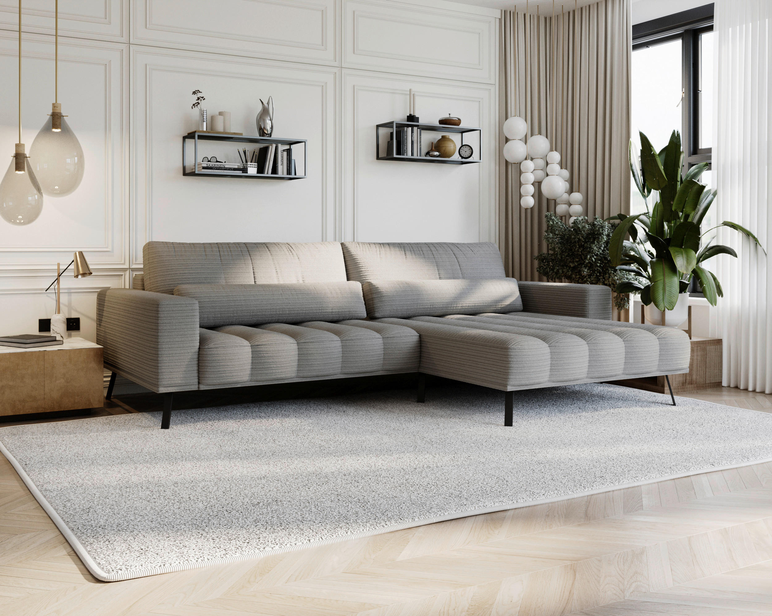 ECKSOFA Grau Cord  - Schwarz/Grau, Design, Textil/Metall (291/204cm) - Lomoco