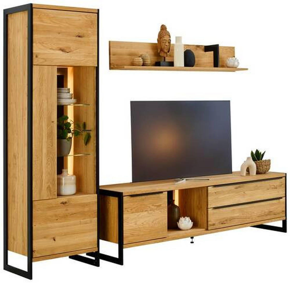WOHNWAND  in Schwarz, Eichefarben 255/201/50 cm  - Eichefarben/Eschefarben, Natur, Glas/Holz (255/201/50cm) - Linea Natura