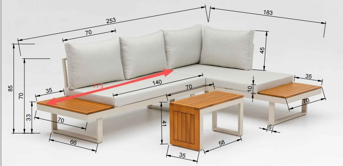 LOUNGEGARNITUR 253/183 cm Akazie massiv Aluminium  - Anthrazit/Hellgrau, Design, Holz/Textil (253/183cm) - Amatio