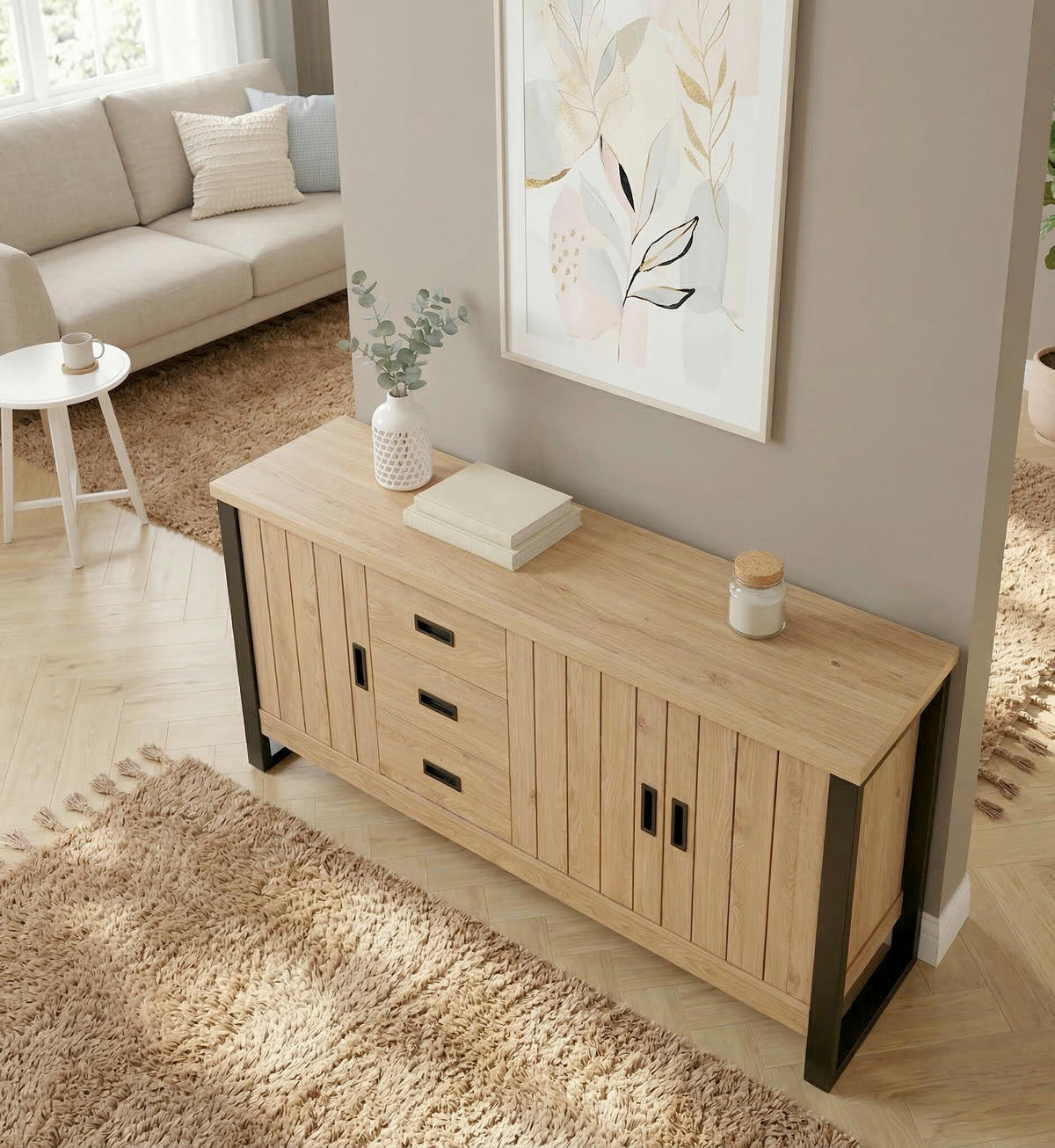 SIDEBOARD  173,4/75/39 cm 3 Schublade(n)  - Eichefarben/Schwarz, KONVENTIONELL, Holzwerkstoff/Metall (173,4/75/39cm) - MID.YOU