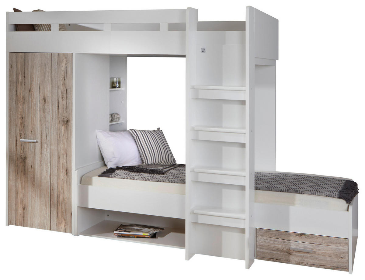 ETAGENBETT - Eichefarben/Weiß, KONVENTIONELL, Holzwerkstoff (90/200cm) - MID.YOU