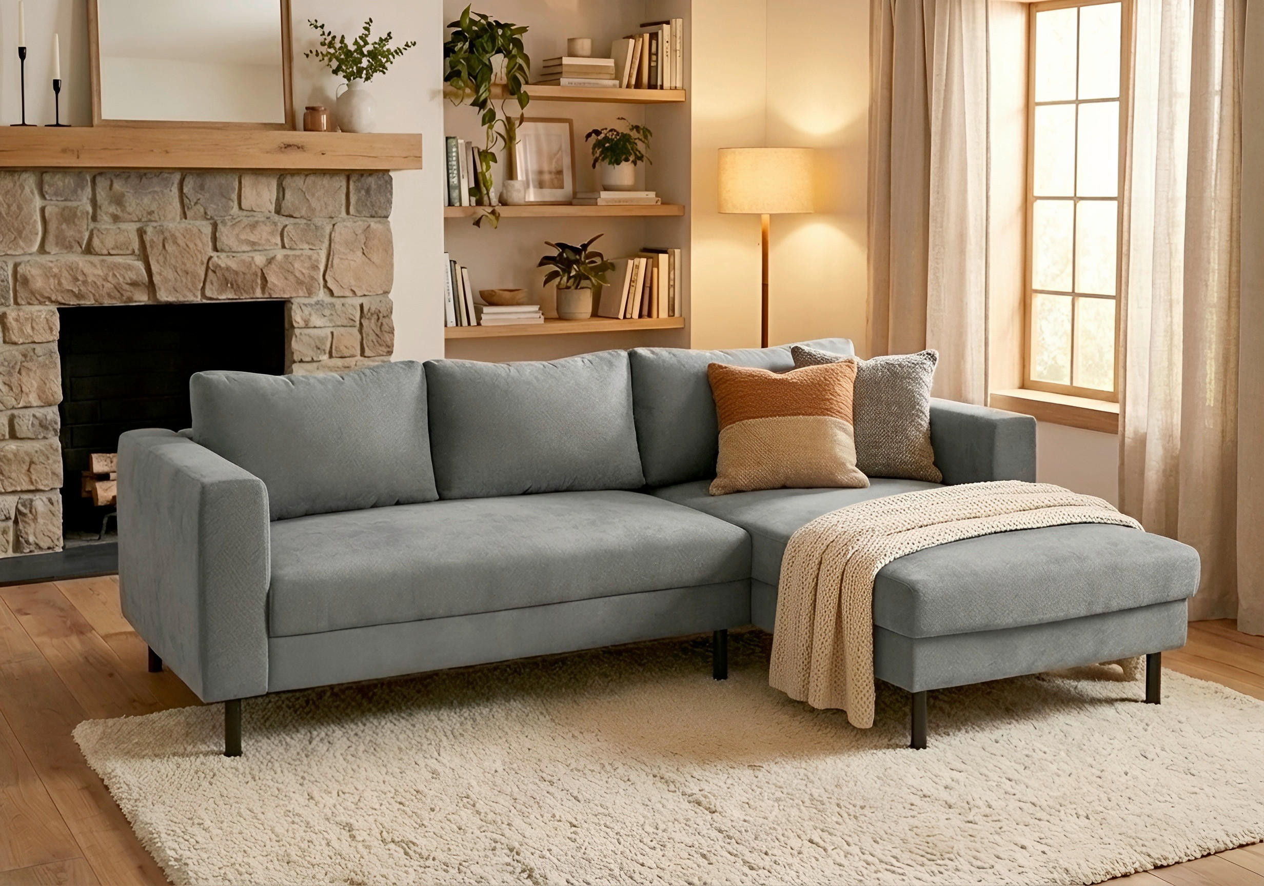 ECKSCHLAFSOFA  mit Rücken echt, Armteil links, Armteil rechts Struktur Anthrazit  - Anthrazit/Schwarz, MODERN, Textil/Metall (232/161cm) - Trendmanufaktur