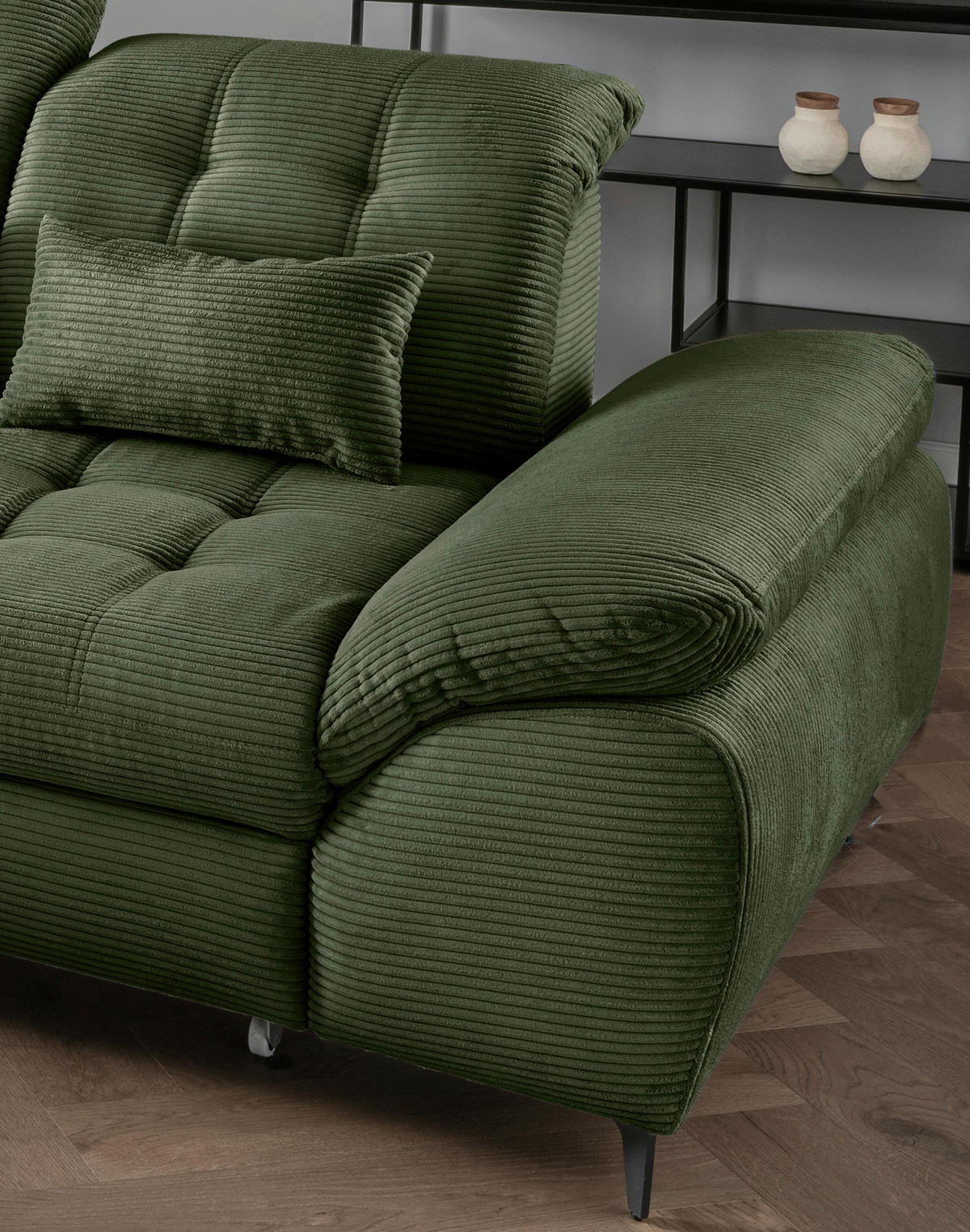 ECKSCHLAFSOFA  mit seitenverkehrt erhältlich, Rücken echt, Armteil links, Armteil rechts Cord Dunkelgrün  - Dunkelgrün/Schwarz, MODERN, Textil/Metall (189/273cm) - Livetastic