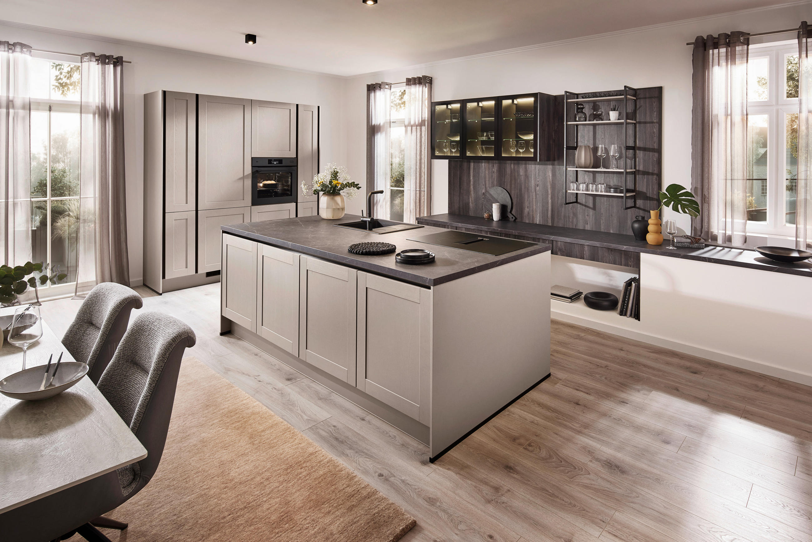 EINBAUKÜCHE   - Eichefarben/Grau, Design, Holzwerkstoff - Xora