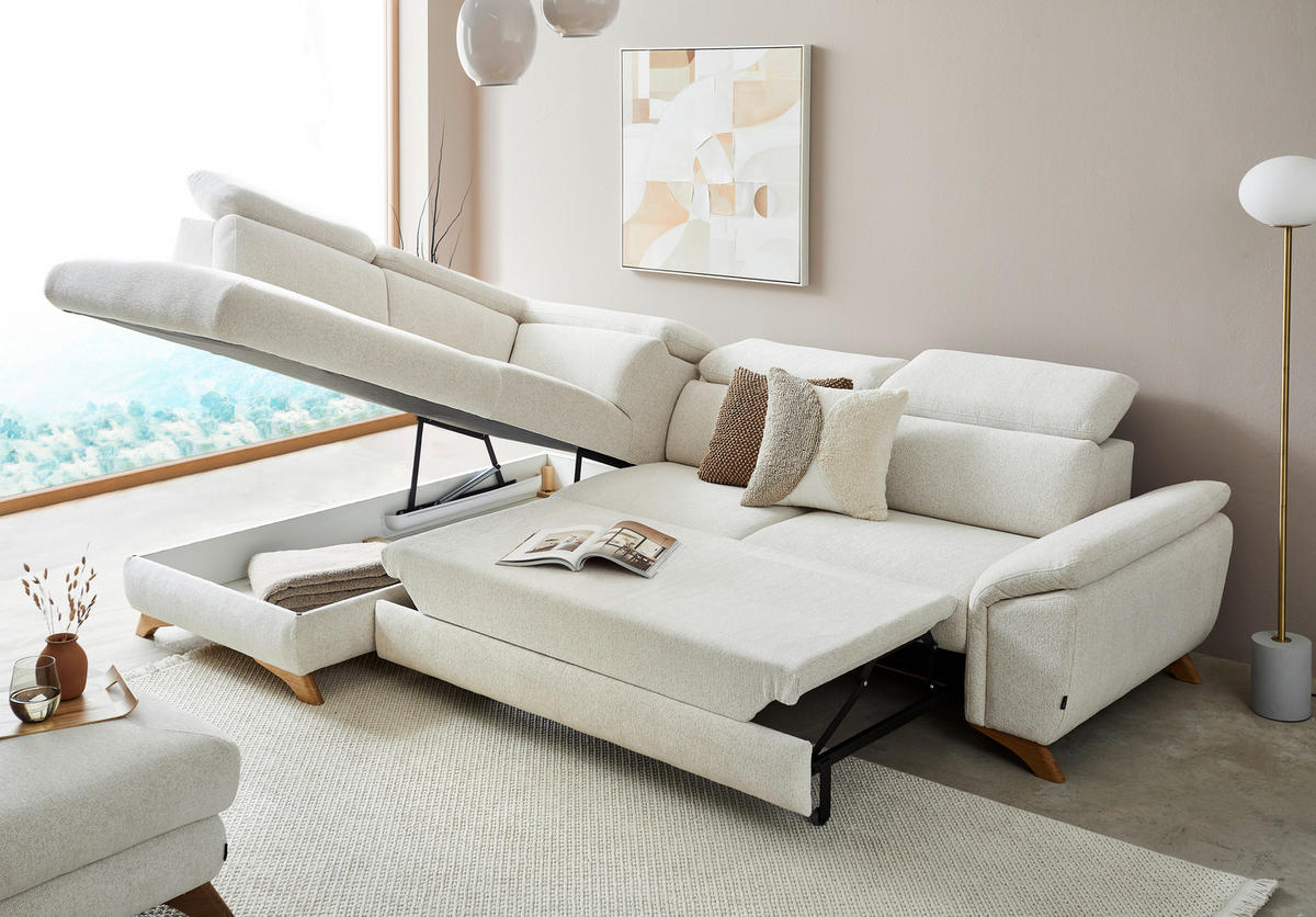 ECKSOFA Creme Chenille  - Eichefarben/Creme, MODERN, Holz/Textil (287/212cm) - Valnatura