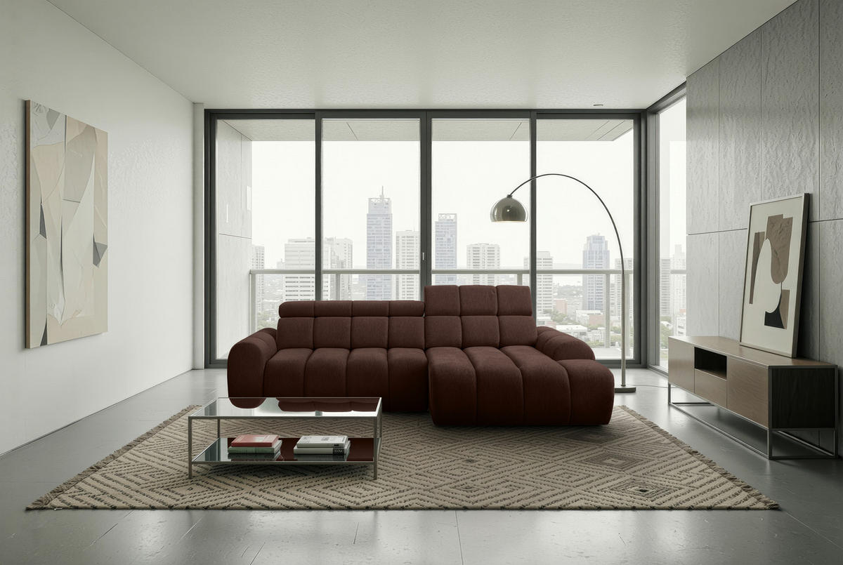 ECKSOFA Dunkelbraun Chenille Bettkasten, Rücken echt, Kopfteilverstellung, Sitzvorzug  - Dunkelbraun/Schwarz, Design, Kunststoff/Textil (290/152cm) - Stylife