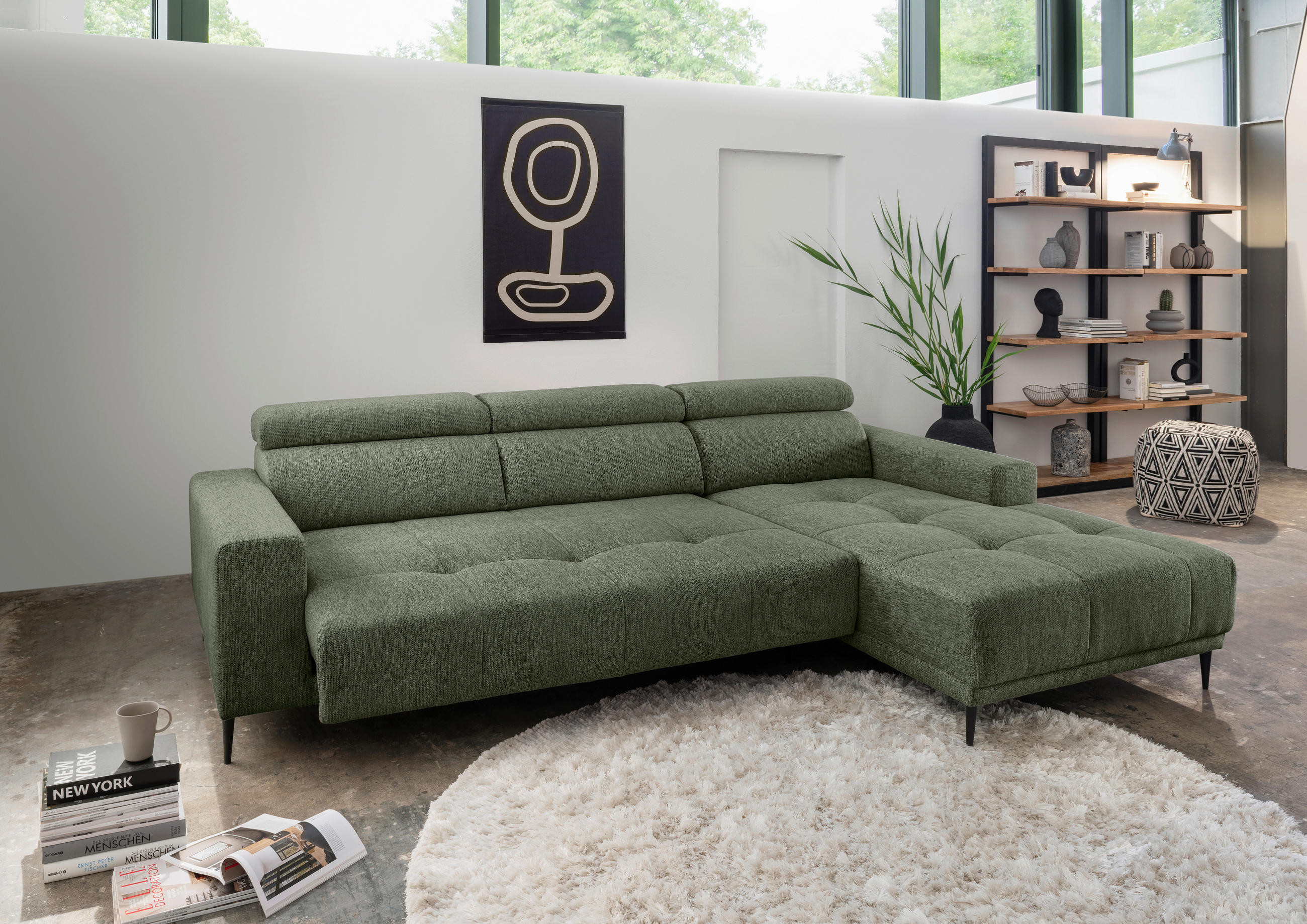 ECKSOFA Dunkelgrün Chenille  - Dunkelgrün/Schwarz, KONVENTIONELL, Textil/Metall (276/188cm) - Livetastic