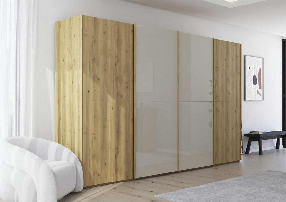 SCHWEBETÜRENSCHRANK 360/223/68 cm 4-türig Eichefarben, Champagner  - Champagner/Eichefarben, Design, Glas/Holz (360/223/68cm) - Novel