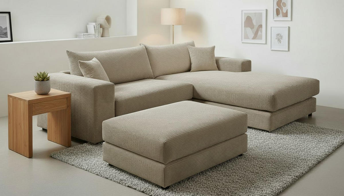 ECKSOFA FUNNY S Hellbraun Cord, Velours Zierkissen, Rückenkissen, Hocker  - Hellbraun/Schwarz, Basics, Kunststoff/Textil (265/180cm) - Livetastic