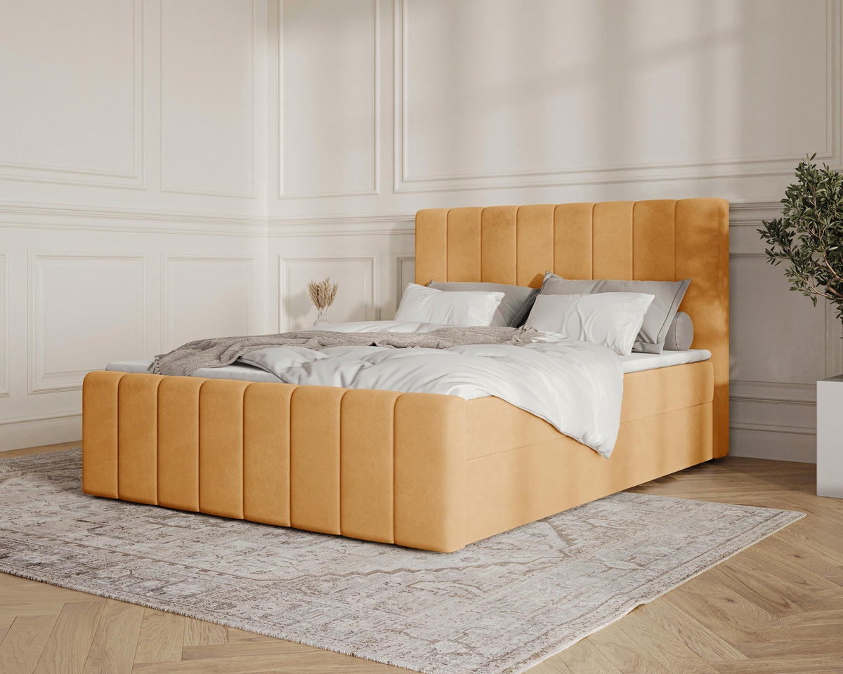 BOXBETT 160/200 cm,  in Currygelb, Bettkasten, Topper, H2 + H3 = mittel + fest  - Currygelb/Schwarz, MODERN, Holz/Kunststoff (160/200cm) - Livetastic