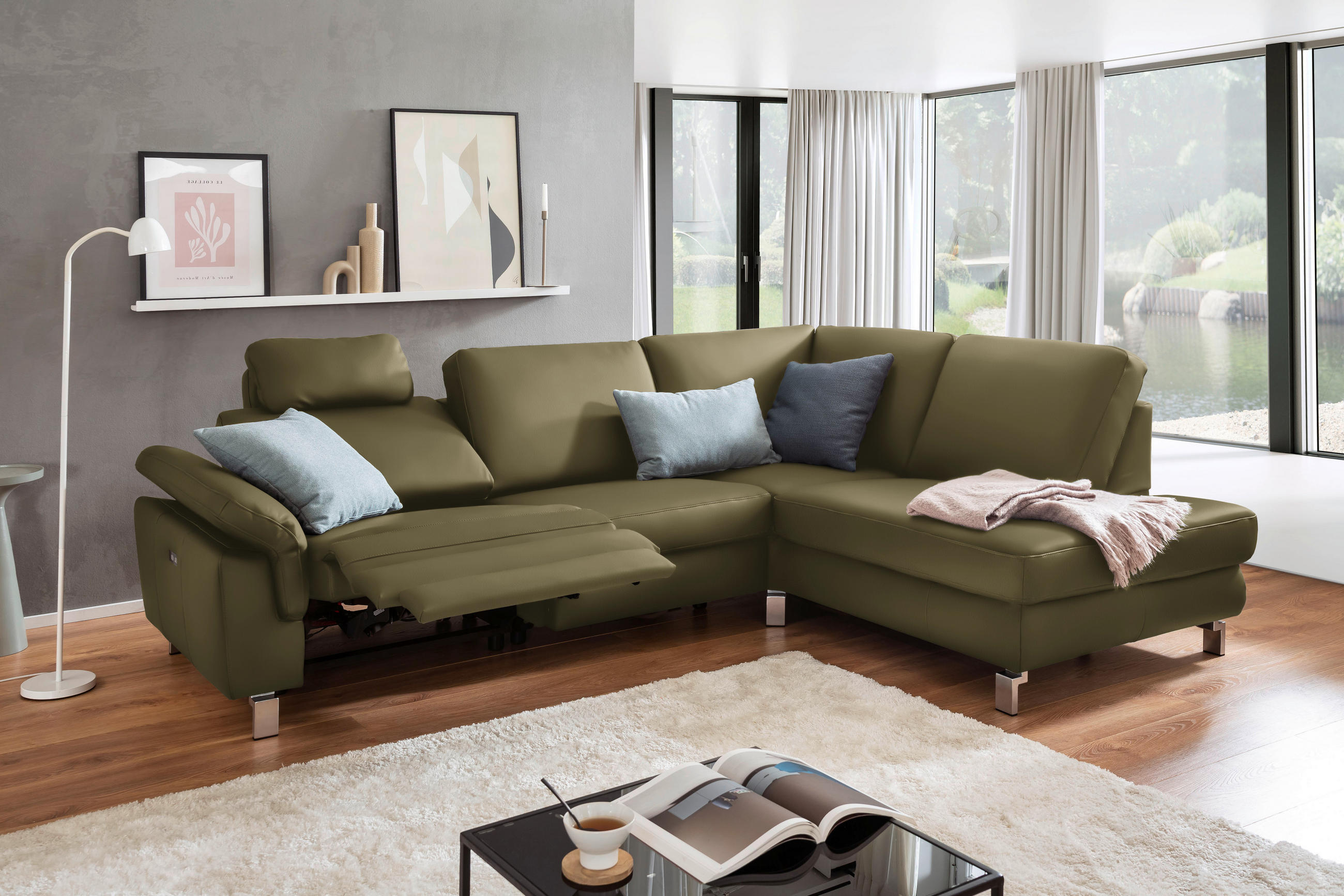 ECKSOFA in Echtleder Grün  271/200 cm  - Chromfarben/Grün, Design, Leder/Metall (271/200cm) - Pure Home Lifestyle