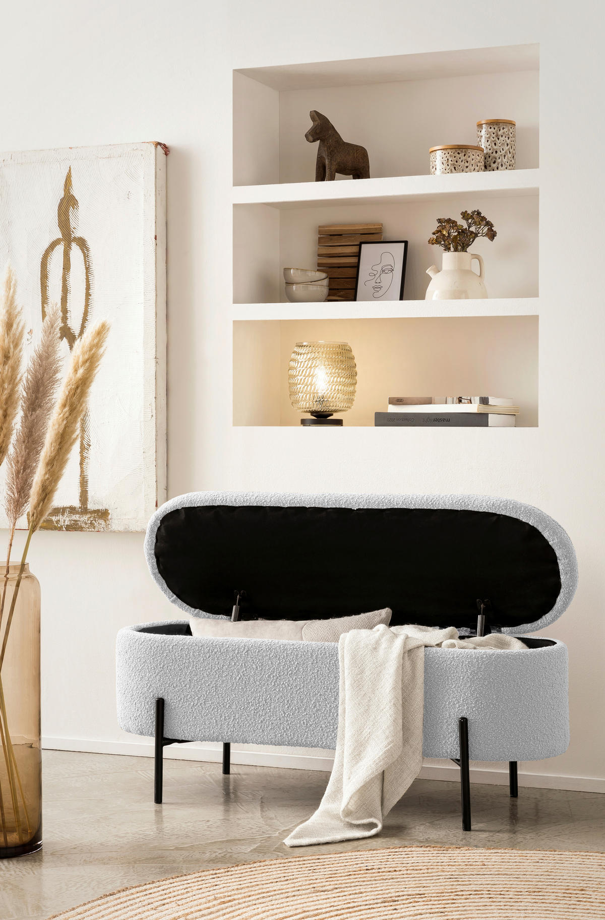 BETTBANK Bouclé Weiß  - Schwarz/Weiß, MODERN, Textil/Metall (110/44/40cm) - Livetastic