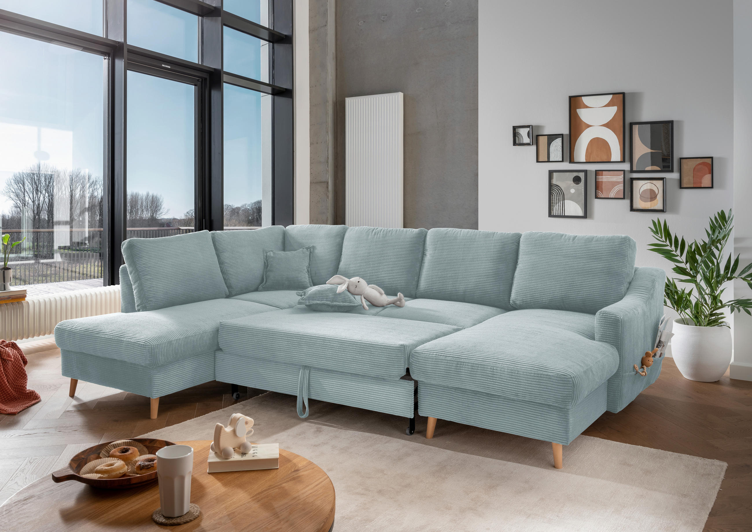 WOHNLANDSCHAFT in Cord Hellblau  - Naturfarben/Hellblau, KONVENTIONELL, Holz/Textil (200/301/150cm) - P & B