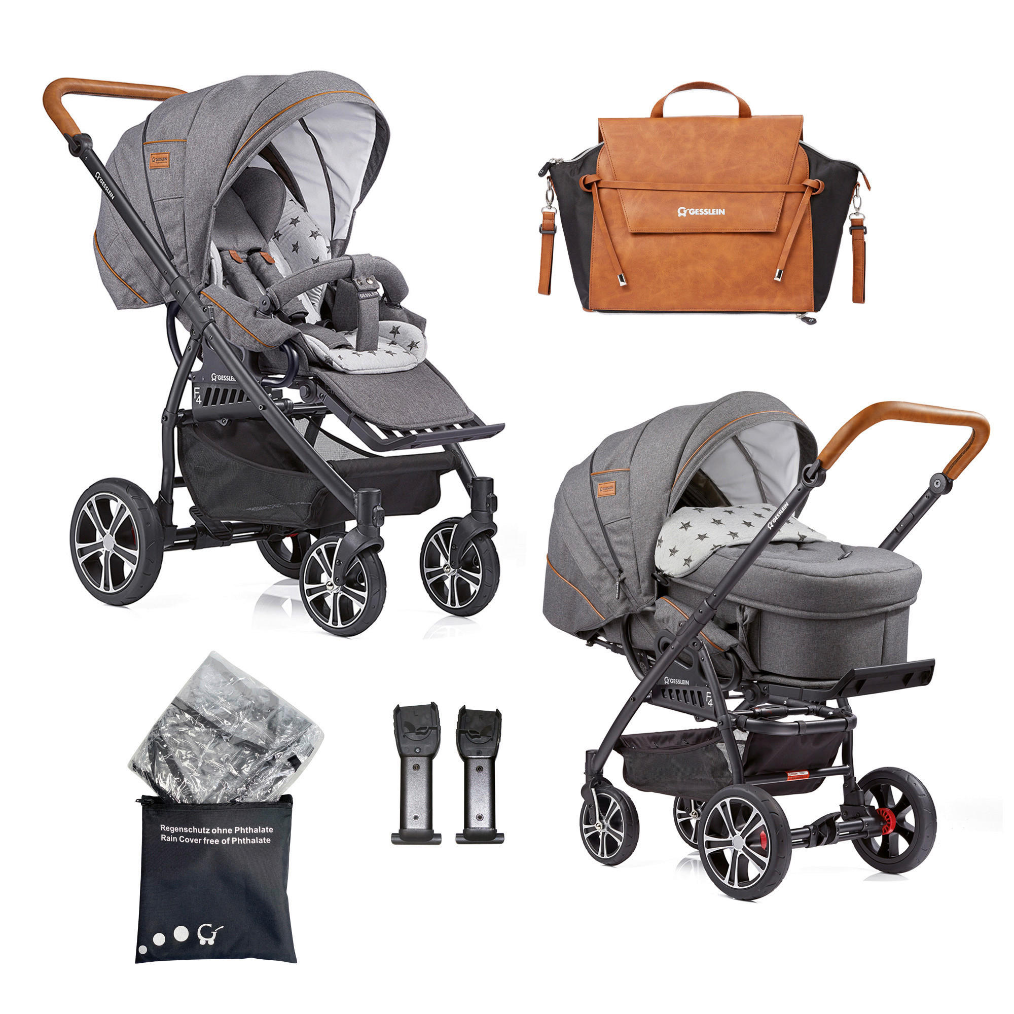 KINDERWAGENSET F4 Air+  - Dunkelgrau/Hellgrau, Basics, Textil/Metall (110/58/112cm) - Gesslein