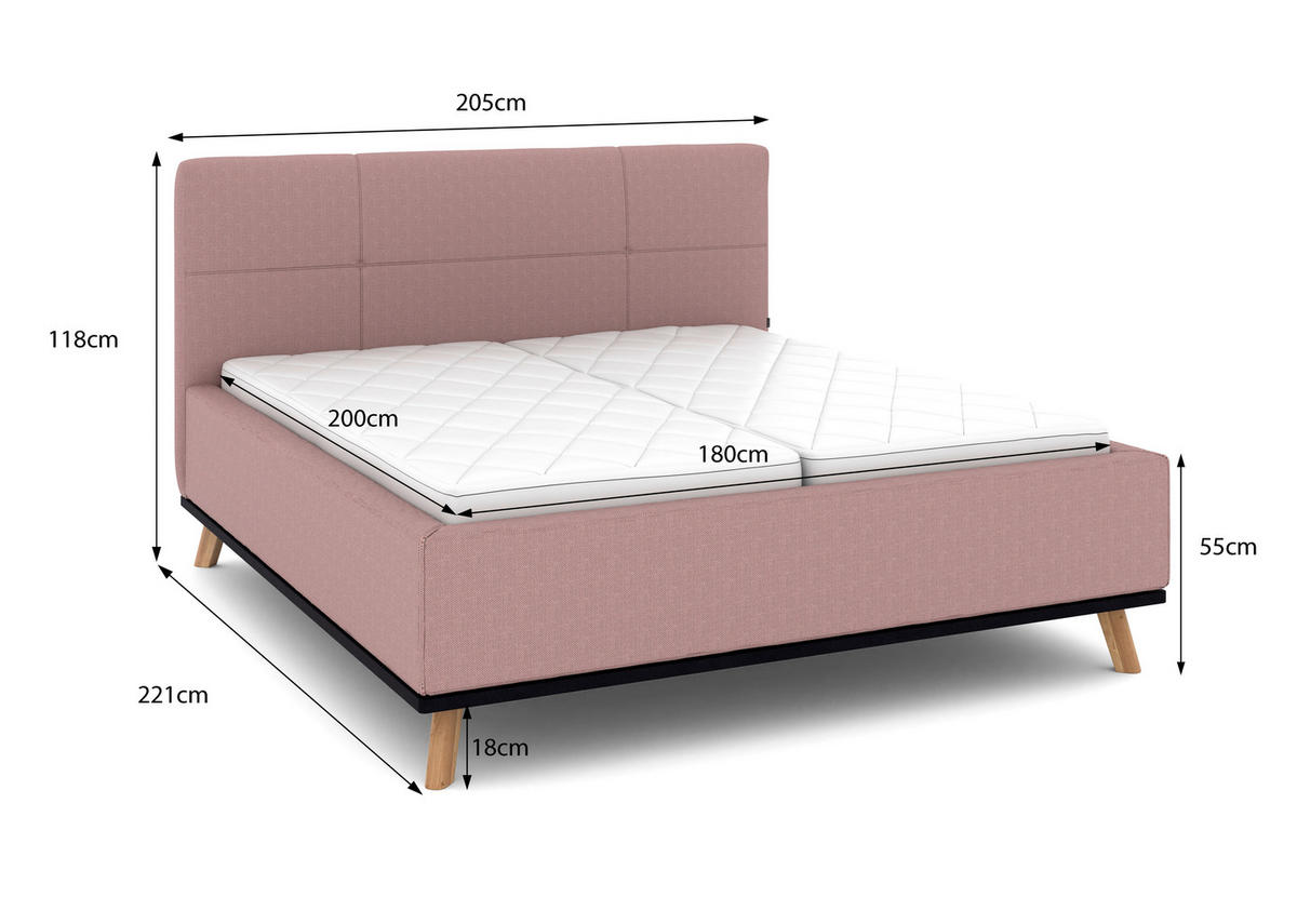 POLSTERBETT Matratze, Lattenrost, Bettkasten 180/200 cm  in Altrosa  - Eichefarben/Altrosa, Design, Holz/Textil (180/200cm) - Musterring