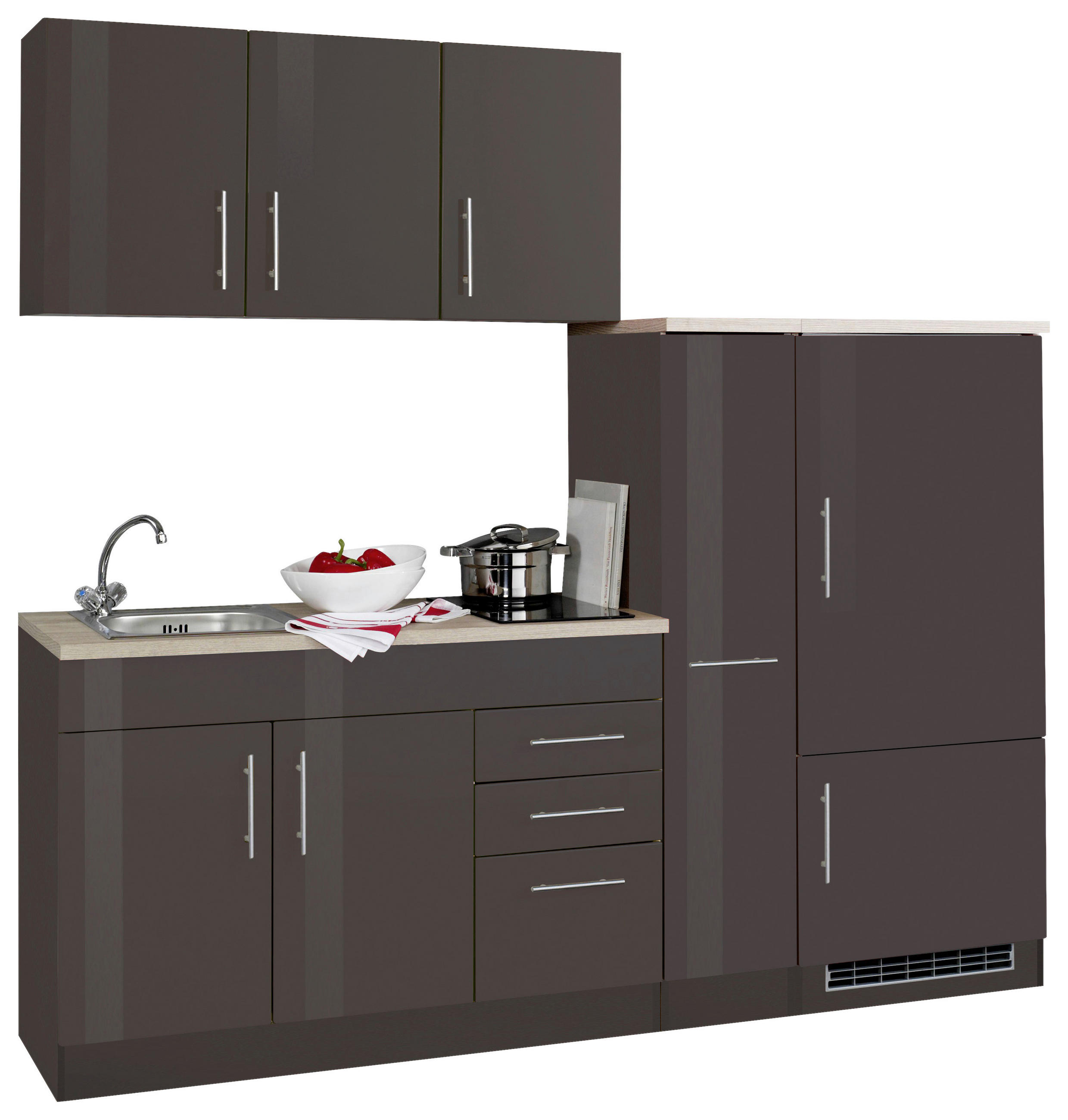 KÜCHENBLOCK 210 cm   in Graphitfarben, Grau Hochglanz  - Chromfarben/Grau Hochglanz, MODERN, Holzwerkstoff/Metall (210cm) - Held