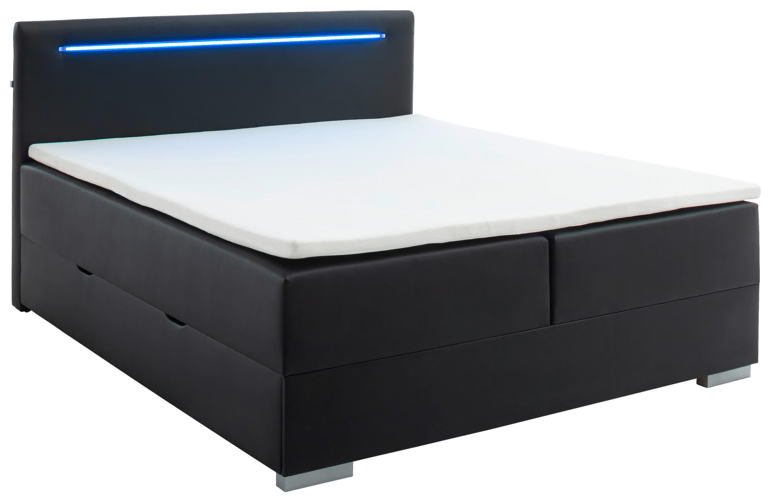 BOXBETT 180/200 cm,  in Schwarz, Beleuchtung, Bettkasten, Topper, H3 = fest  - Edelstahlfarben/Schwarz, MODERN, Kunststoff/Textil (180/200cm) - Livetastic