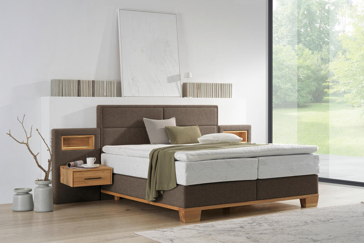 BOXSPRINGBETT 180/200 cm,  in Braun, Eichefarben, Matratze, Topper, unterschiedliche Matratzenhärtegrade je Bettseite, H3 + H4 = fest + sehr fest  - Eichefarben/Braun, Natur, Holz/Textil (180/200cm) - Valnatura