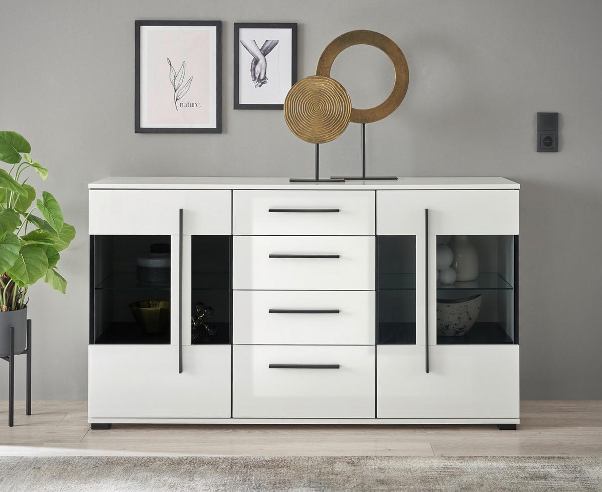 SIDEBOARD  150/86/42 cm 4 Schublade(n)  - Weiß Hochglanz/Schwarz, Design, Glas/Holzwerkstoff (150/86/42cm) - Livetastic