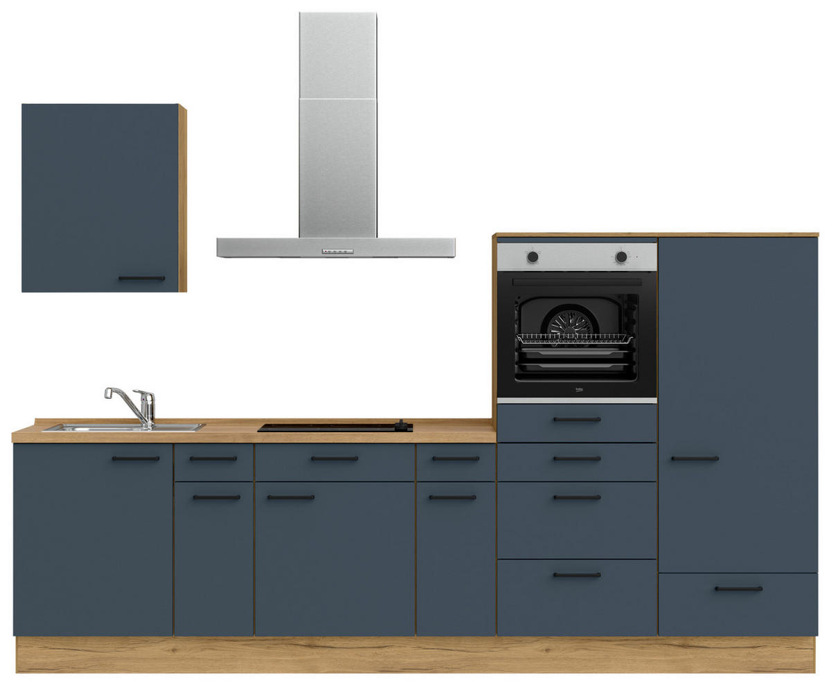 KÜCHENBLOCK Easytouch 300 cm  in Blau, Eichefarben  - Blau/Eichefarben, MODERN, Holzwerkstoff/Metall (300cm) - Nobilia