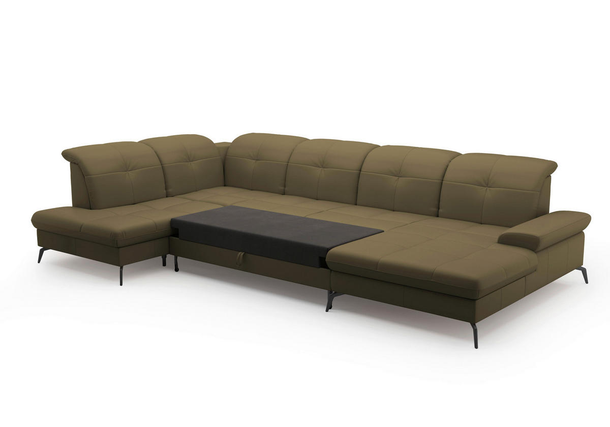 WOHNLANDSCHAFT Olivgrün Kombination Echtleder/Stoff Vliesstoff  - Schwarz/Olivgrün, KONVENTIONELL, Leder/Textil (231/357/185cm) - Sit & More