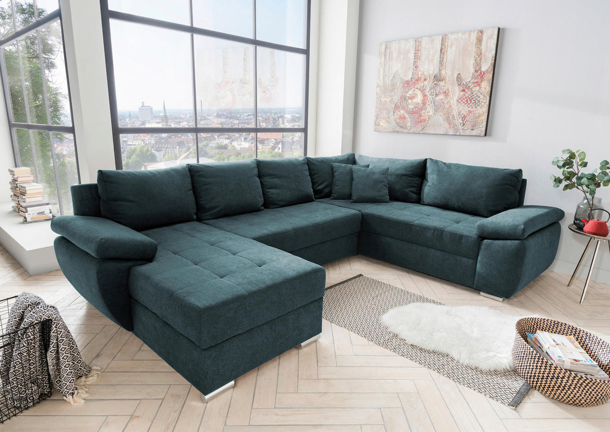WOHNLANDSCHAFT Petrol Mikrofaser  - Chromfarben/Petrol, KONVENTIONELL (157/305/219cm) - Livetastic