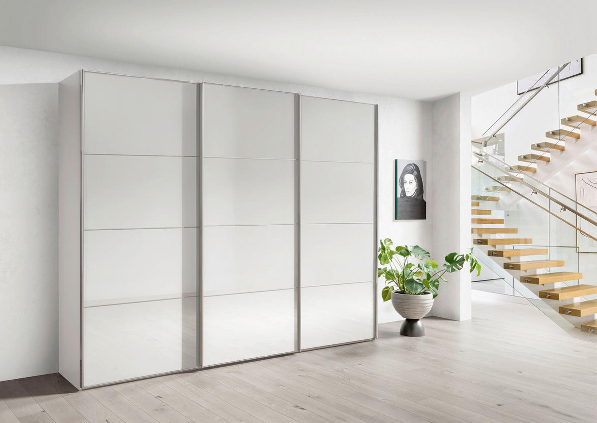 SCHWEBETÜRENSCHRANK 225/236/67 cm,  in Weiß, 3 Tür(en)  - Chromfarben/Weiß, MODERN, Glas/Holzwerkstoff (225/236/67cm) - Chameo