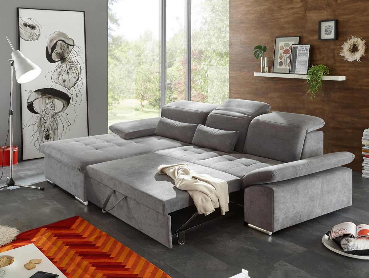 ECKSOFA Grau Mikrovelours  - Silberfarben/Grau, KONVENTIONELL, Kunststoff/Textil (188/276cm) - MID.YOU