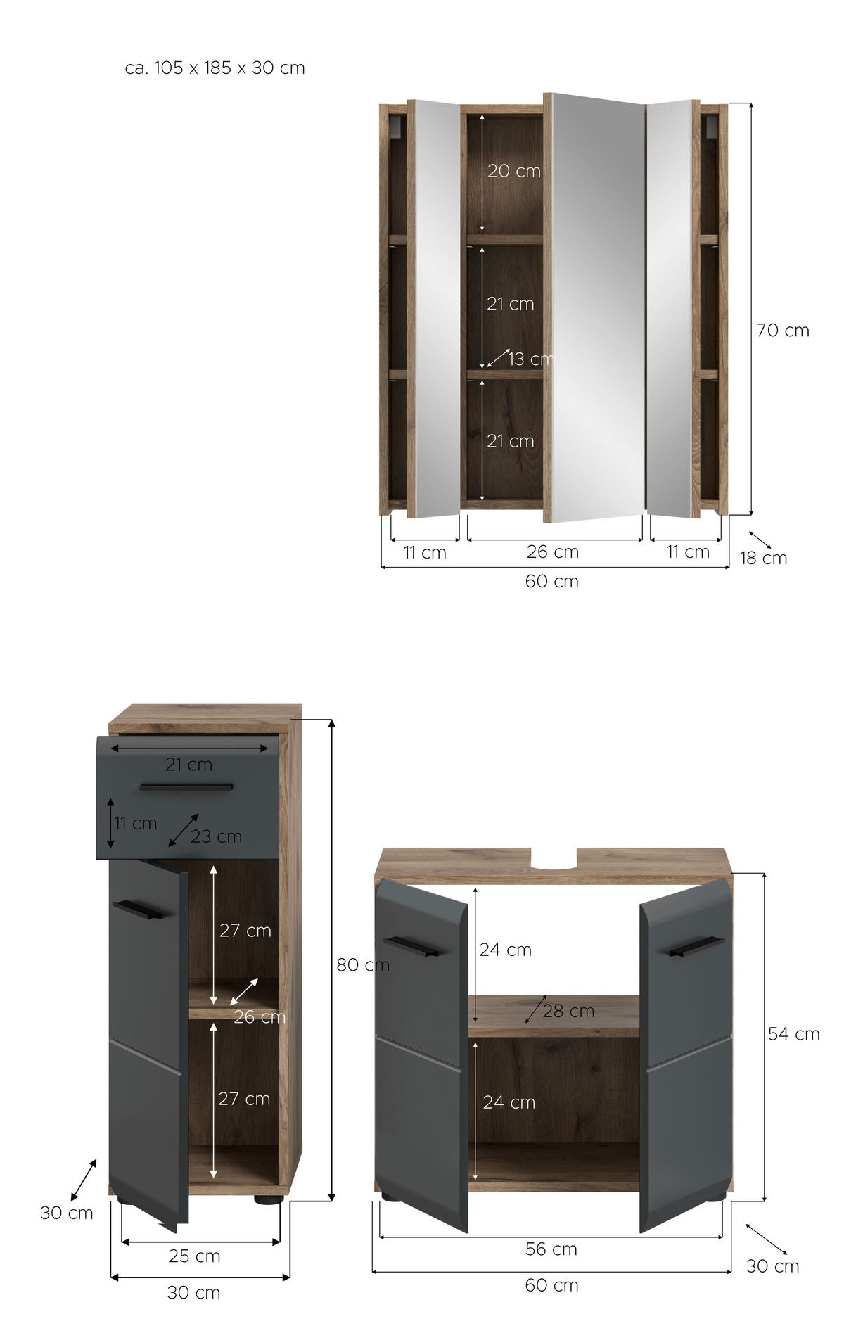 BADEZIMMER 3-teilig  in 90 cm  - Eiche dunkel/Schwarz, Basics, Holzwerkstoff/Kunststoff (90cm) - MID.YOU