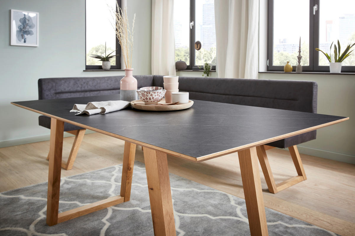 ECKBANK 155/225 cm Mikrofaser Anthrazit, Eichefarben Wildeiche massiv   - Eichefarben/Anthrazit, KONVENTIONELL, Holz/Textil (155/225cm) - Dieter Knoll