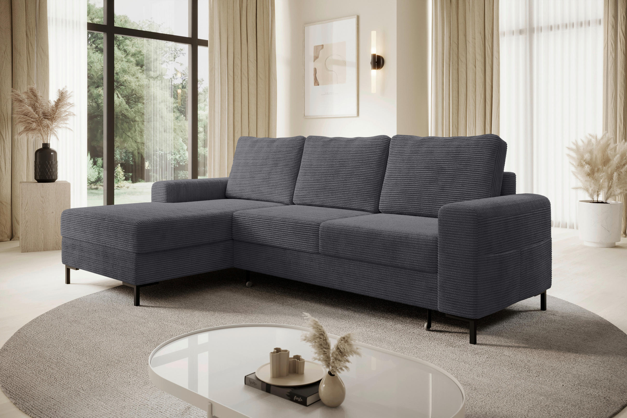 ECKSOFA Anthrazit Cord  - Anthrazit/Schwarz, KONVENTIONELL, Textil/Metall (150/240cm) - Carryhome