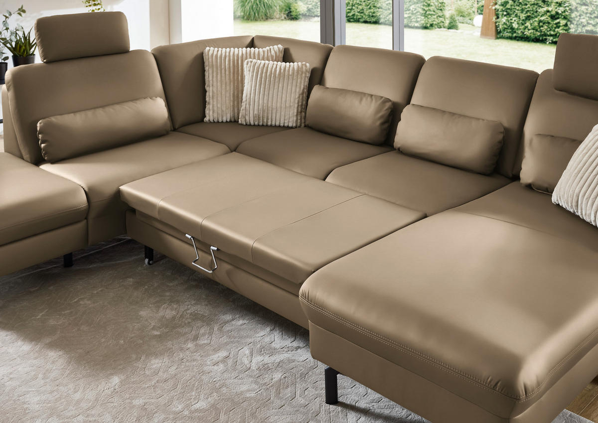WOHNLANDSCHAFT Echtleder Khaki  - Khaki/Schwarz, Konventionell, Leder/Metall (224/306/168cm) - Beldomo Premium