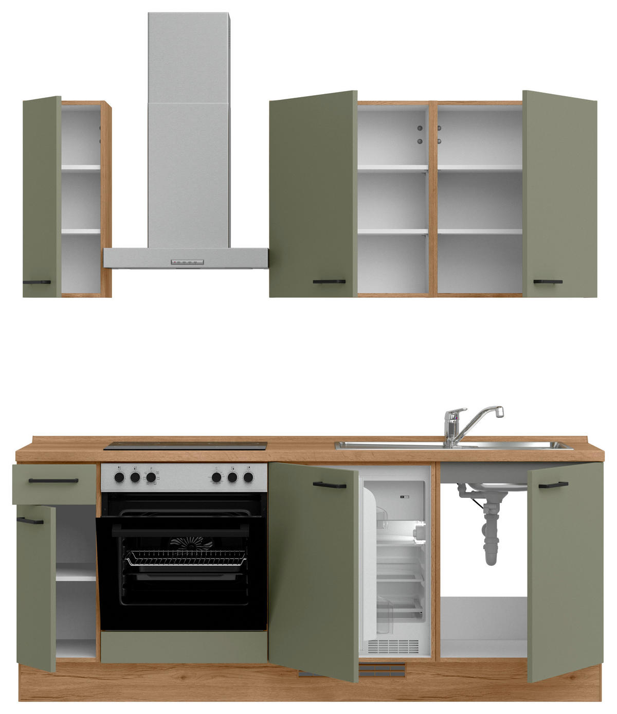 KÜCHENLEERBLOCK Senso 210 cm  in Eichefarben, Olivgrün  - Eichefarben/Schwarz, MODERN, Holzwerkstoff/Metall (210cm) - Nobilia