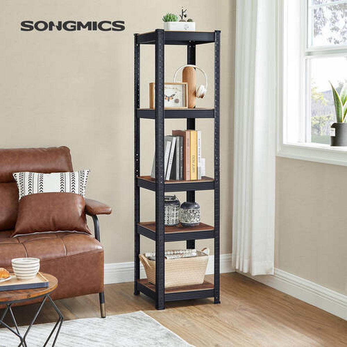 STOJACÍ REGÁL, hnedá, čierna, 37/150/37 cm - hnedá/čierna, Basics, kompozitné drevo (37/150/37cm) - Boxxx