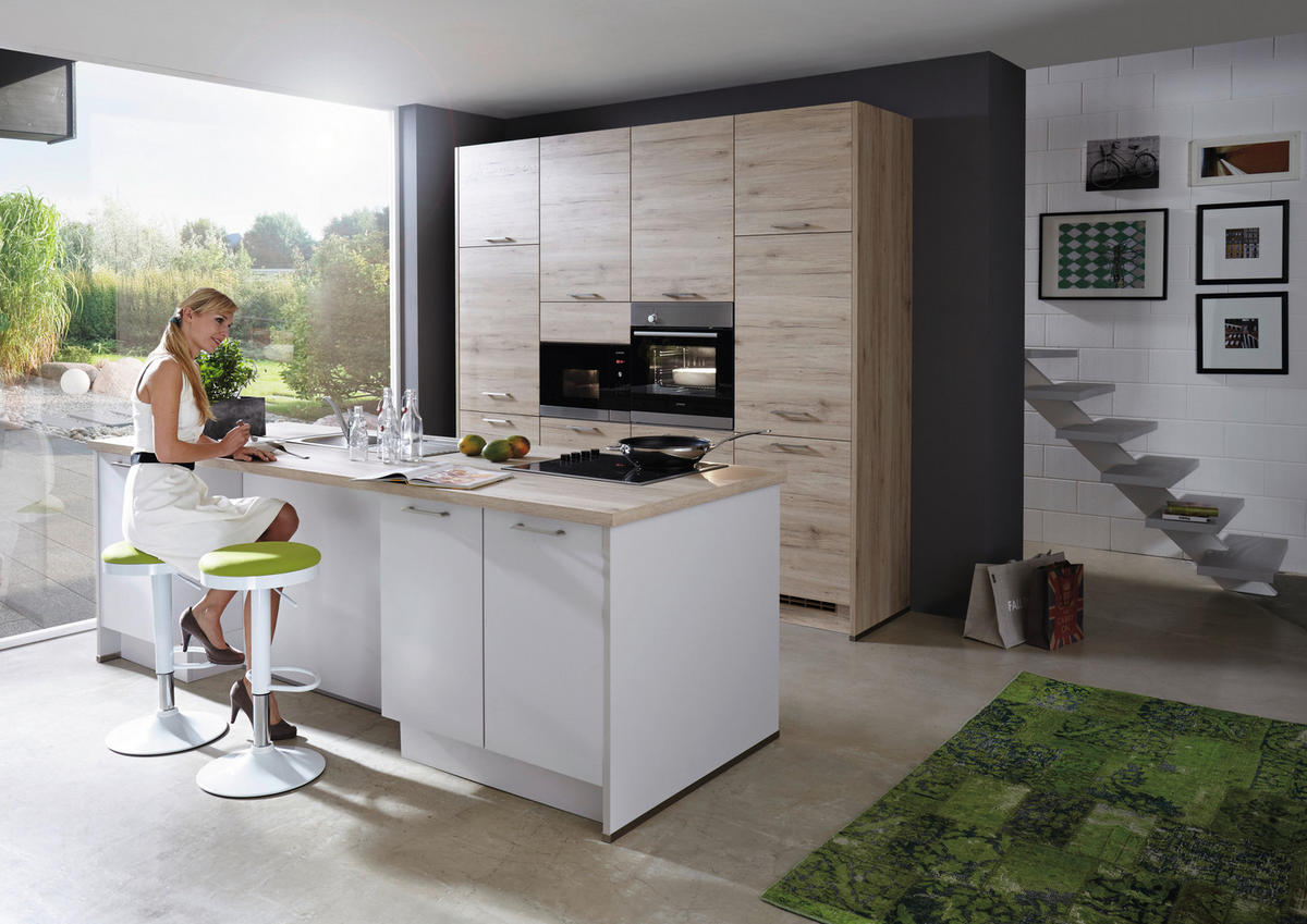 EINBAUKÜCHE 615  - Eichefarben/Weiß, Design, Holzwerkstoff - Celina