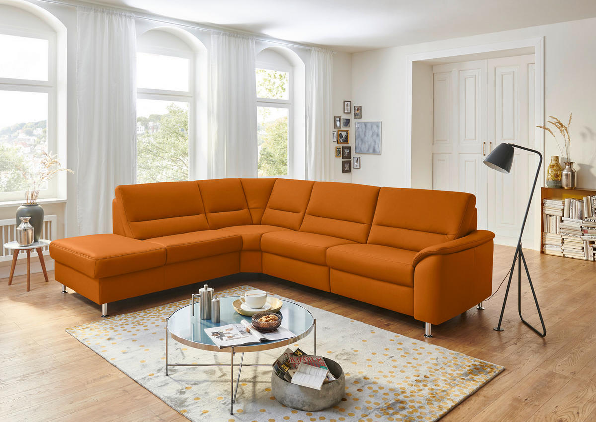 ECKSOFA in Echtleder Orange  - Alufarben/Orange, Basics, Leder/Metall (249/290cm) - Beldomo Premium