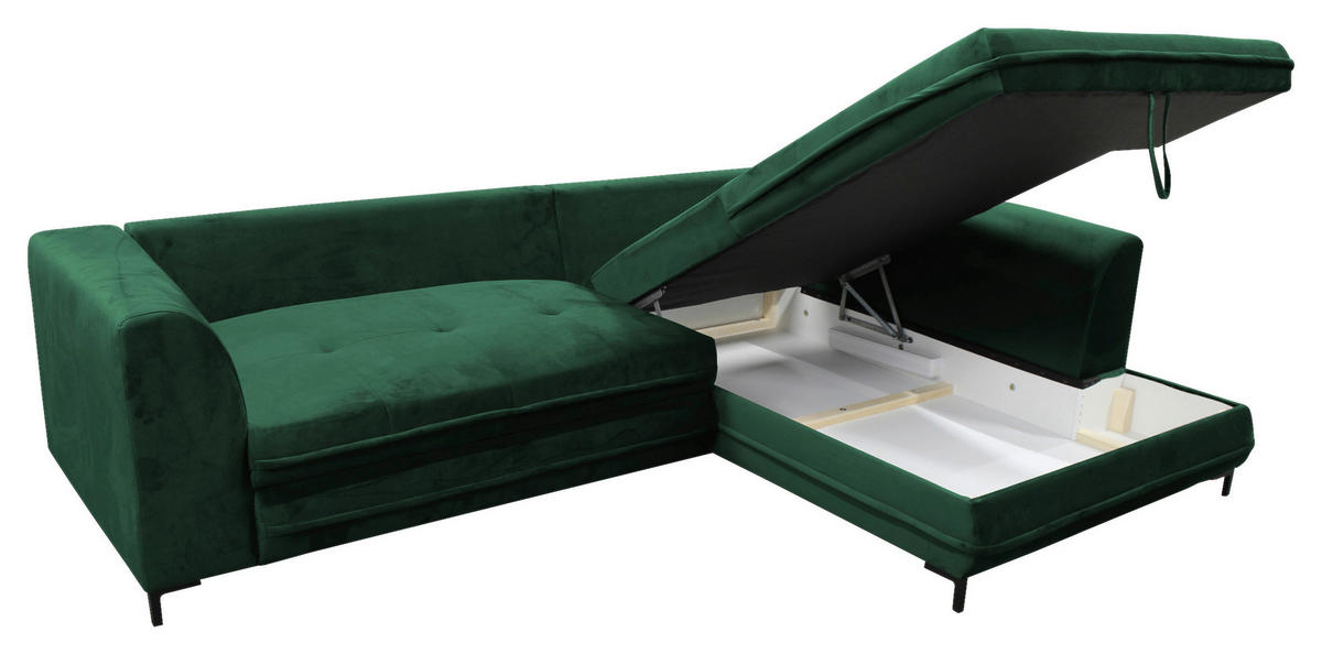 ECKSCHLAFSOFA  mit Armteil rechts, Rücken echt Velours Grün  - Schwarz/Grün, Design, Textil/Metall (277/187cm) - Livetastic