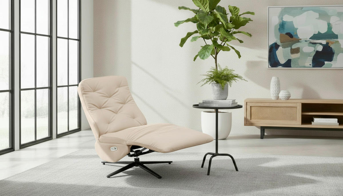 RELAXSESSEL NORA Lederlook, Mikrofaser    - Creme/Schwarz, Design, Textil/Metall (68/113/84cm) - Livetastic